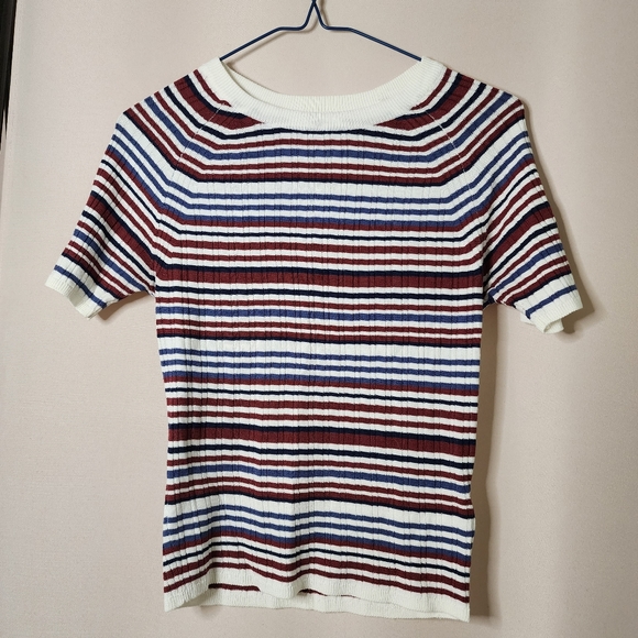 H&M Divided Retro style Striped top with short sleeves, blue, red, white - Picture 1 of 6